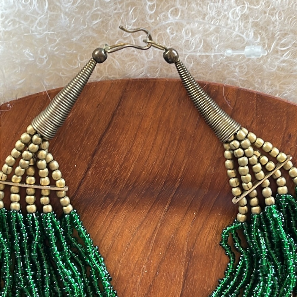 Green and Gold Beads Multilayered Statement Mixed Materials Artisan Necklace - Picture 7 of 17